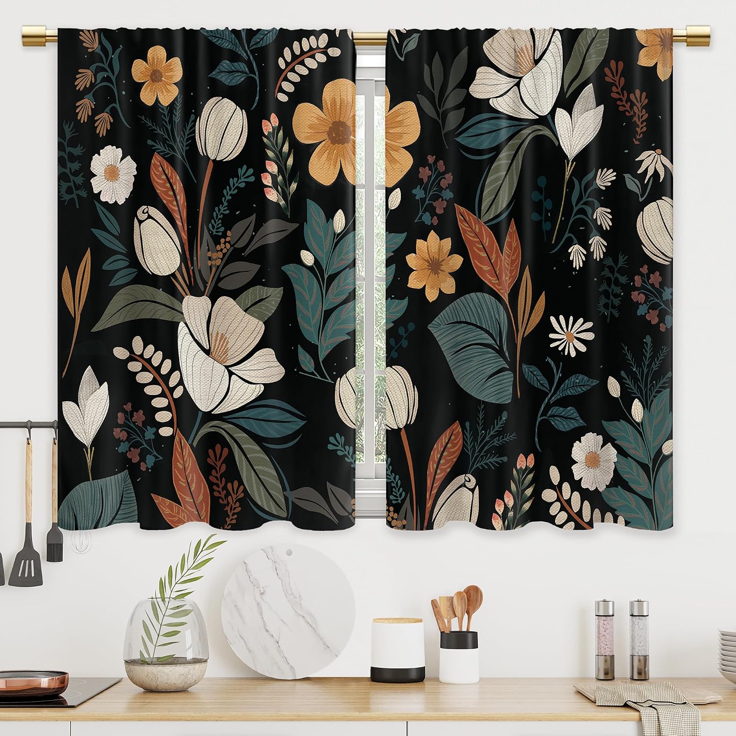Home Office Background - Luxurious Floral Botanical Curtains Pair 2pcs