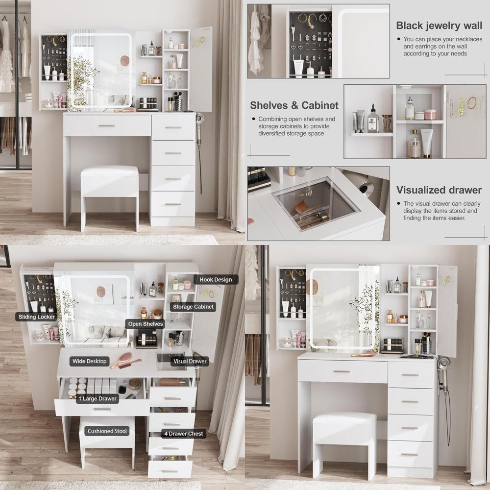 Power Strip Desk - White Vanity Desk with Mirror, Lights,