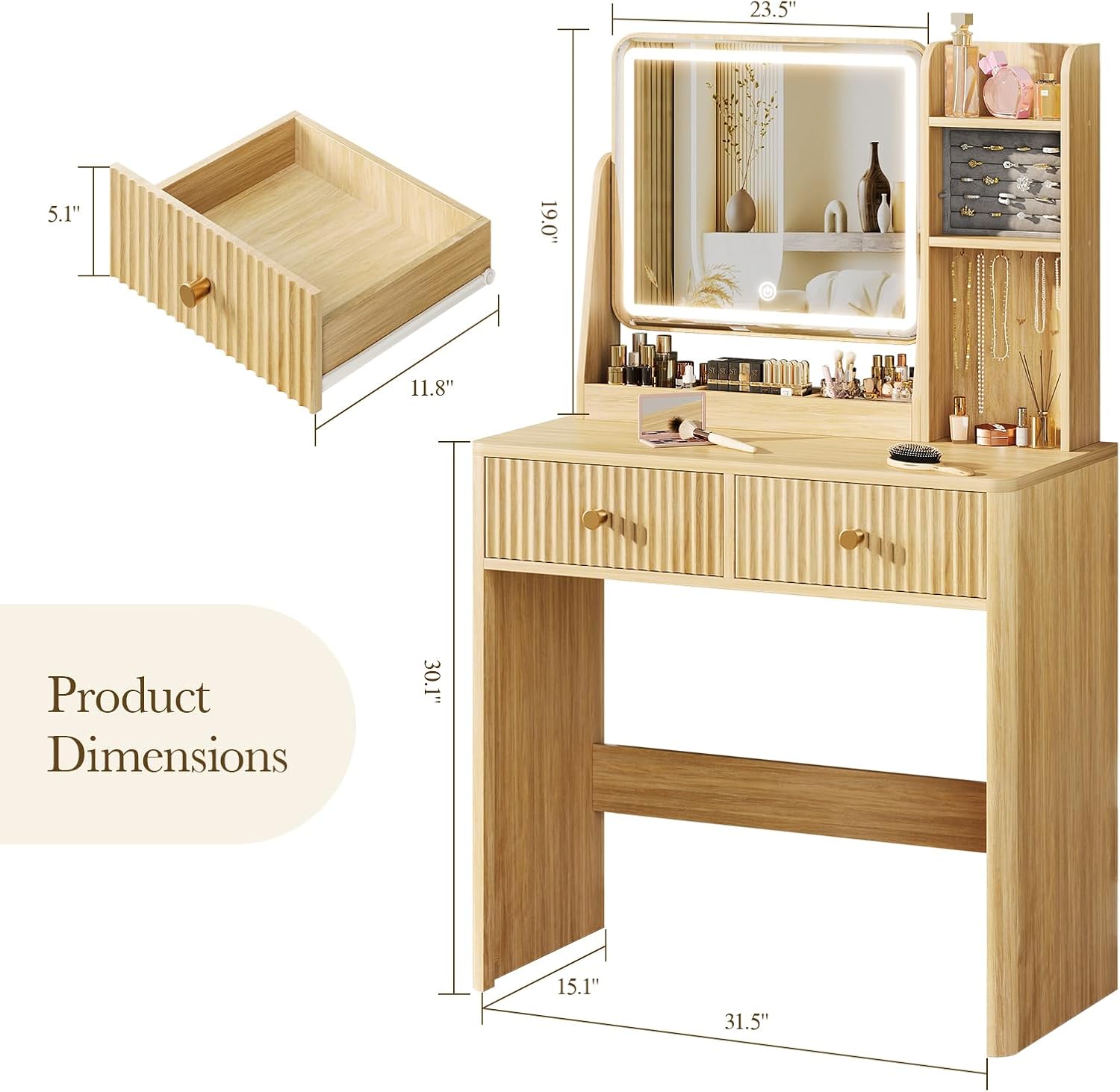 Fluted Vanity Desk with Mirror - огляд і ціна Desk Drawer Small