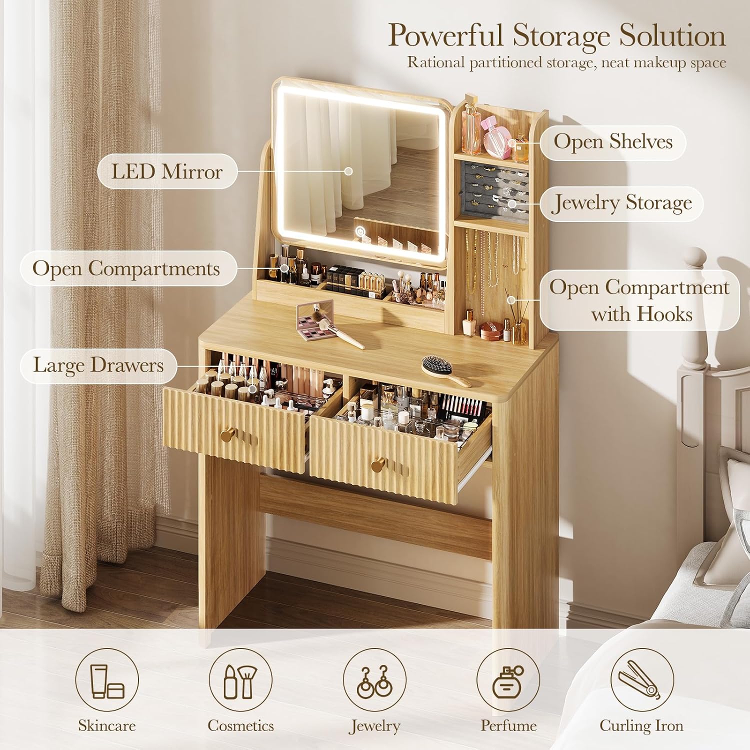 Fluted Vanity Desk with Mirror - огляд і ціна Desk Drawer Small