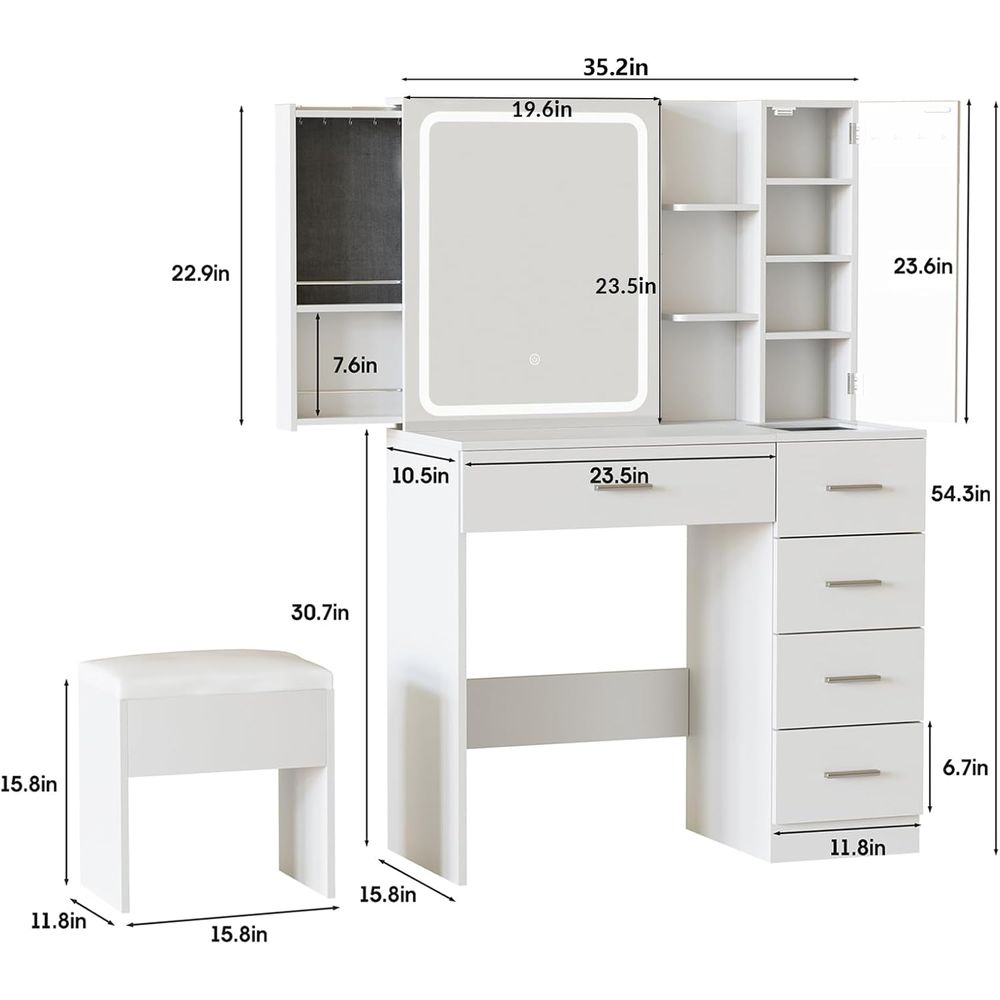 White Vanity Desk with Mirror, - огляд і ціна Power Strip Desk