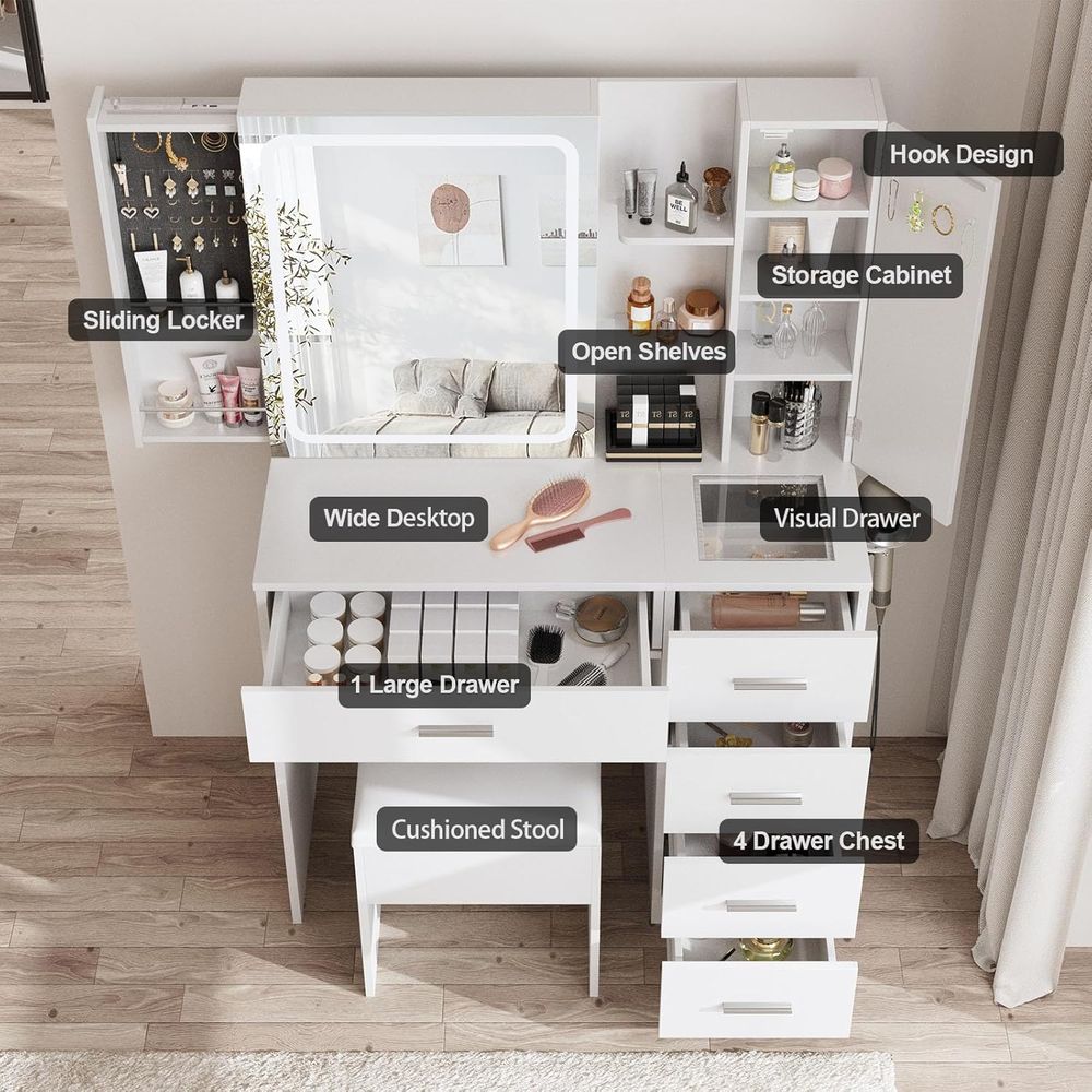 White Vanity Desk with Mirror, - огляд і ціна Power Strip Desk