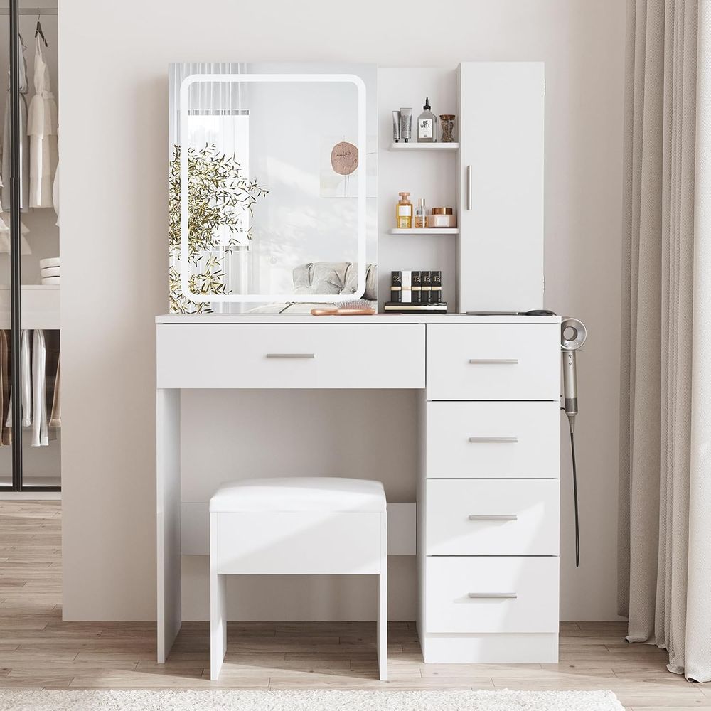 White Vanity Desk with Mirror, - огляд і ціна Power Strip Desk